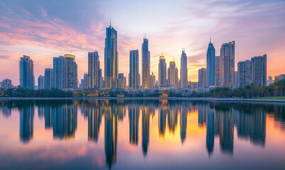Fototapeta premium Modern cityscape with golden skyscrapers reflecting sunset glow