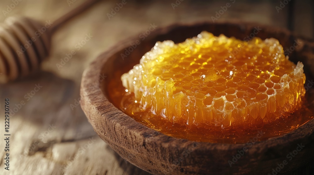 Poster close up of golden honeycomb in wooden bowl on rustic background with empty space for text or brandi
