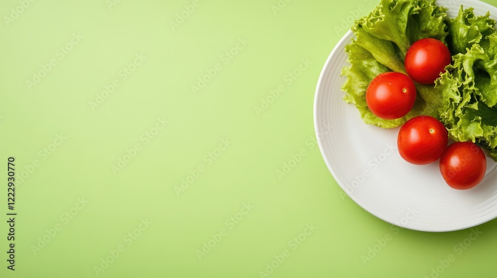 Leinwandbilder fresh tomatoes and lettuce on a white plate on a green background emphasizing healthy eating with am