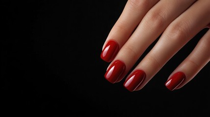Elegant close-up of well-groomed manicured nails with a vibrant red polish on a dark background showcasing ample copy space for text.