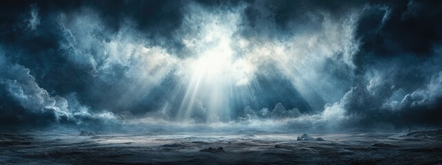 Dramatic dawn light beams through dark clouds in a fantasy landscape with vast empty space suitable for text overlay or creative use