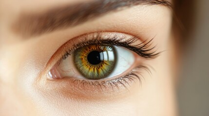 Fototapeta premium Close up of a human eye with vibrant green iris against an abstract technology background featuring empty space for text and design elements