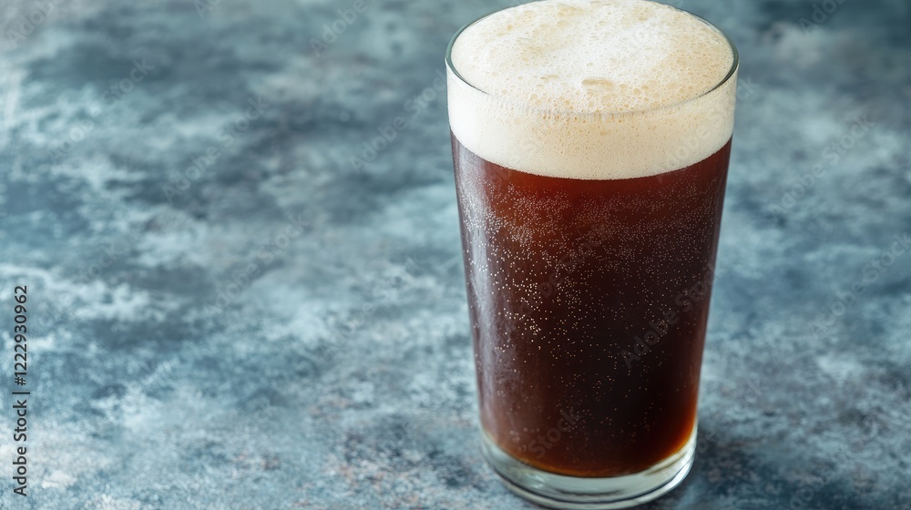 Poster Frothy pint of dark beer on textured surface with space for custom text or branding in a bar or restaurant setting