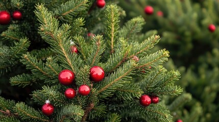 Close up of a lush green Christmas tree with bright red ornaments perfect for holiday promotions or seasonal greetings with blank space for text