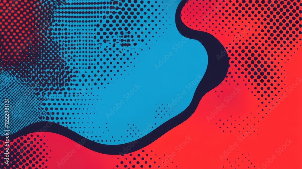 Poster colorful comic pop art background with halftone patterns in red and blue featuring empty space for t