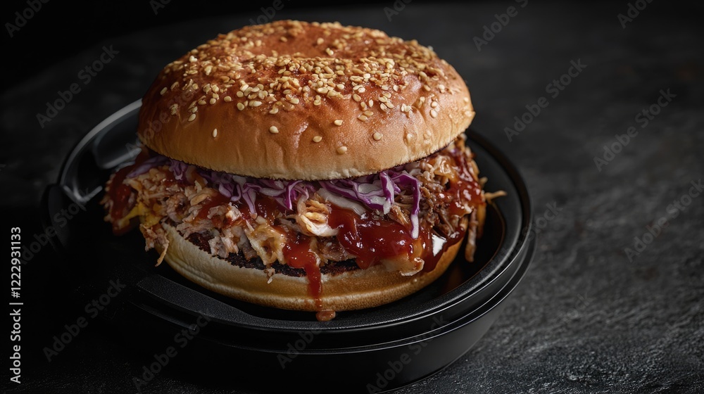 Poster close up of a delicious homemade burger with pulled pork barbecue sauce and slaw served in a black c