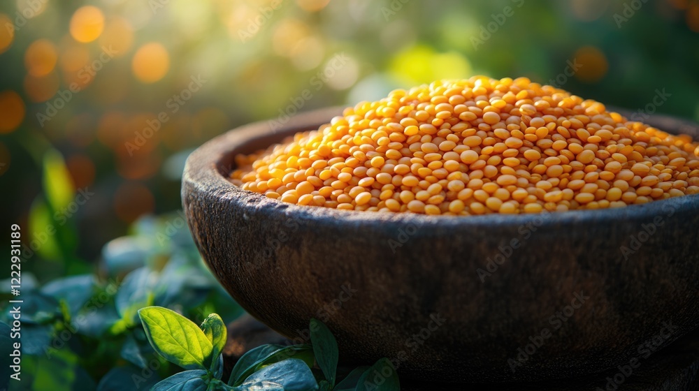 Poster close-up of raw yellow lentils in rustic bowl set against blurred natural background with copy space