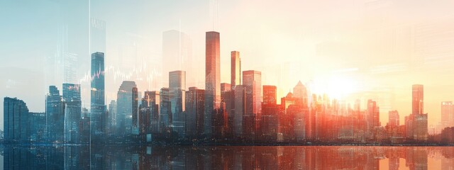 Obraz premium Double Exposure of Urban City Skyline with Stock Market Graph and Space for Text for Financial or Business Themes