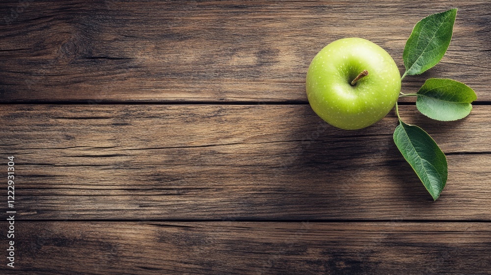 Poster Fresh green apple on rustic wooden table with leaves and ample copy space for your text or branding purposes.