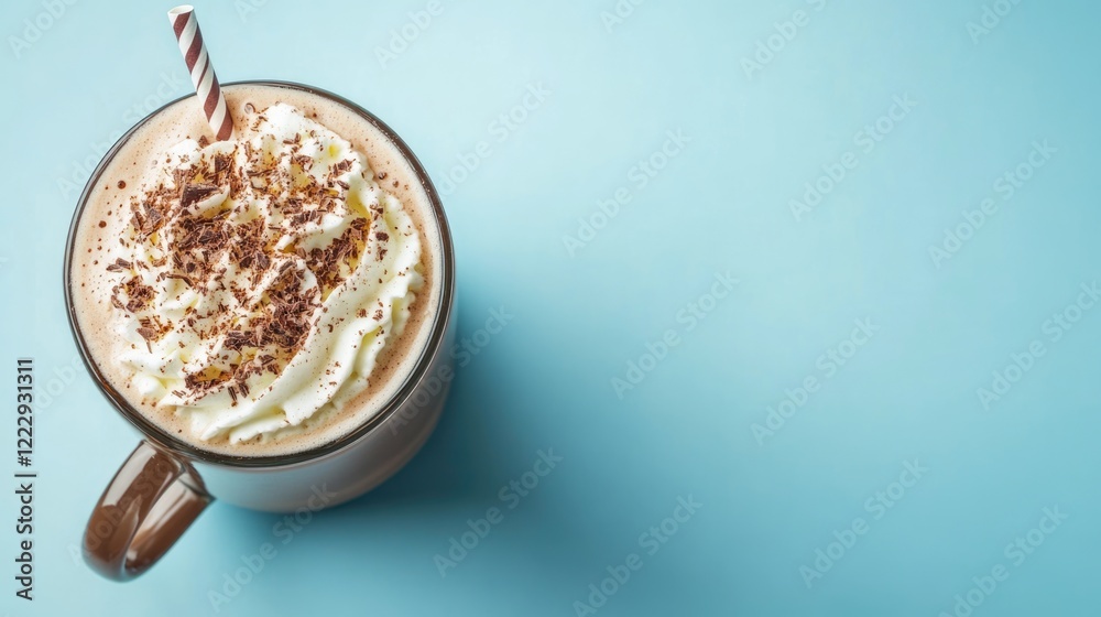 Poster close up of a steaming hot chocolate with whipped cream and chocolate shavings on blue background wi