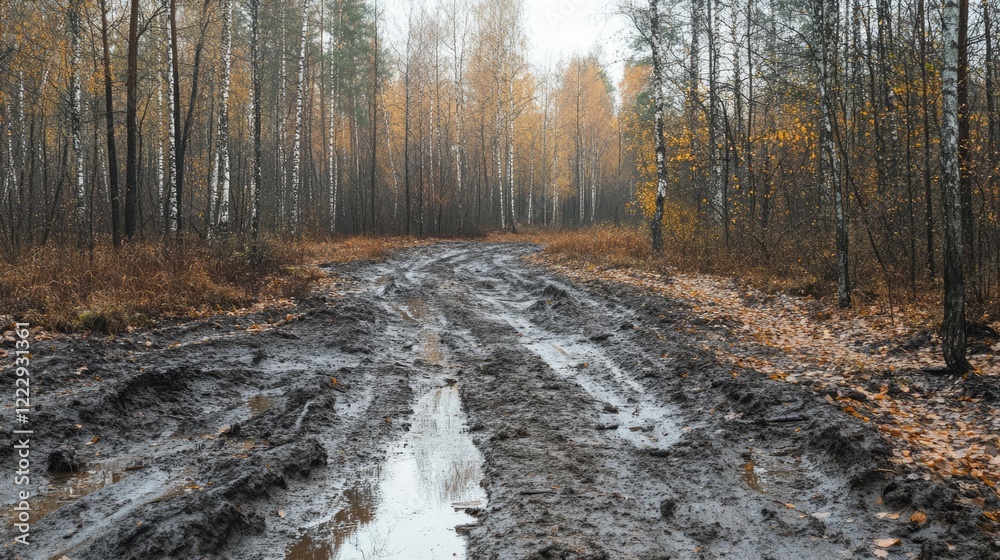 Poster autumn forest dirt path with muddy terrain and empty space for text ideal for seasonal promotions or