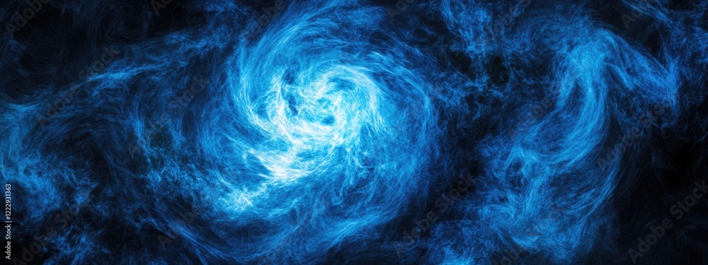 Poster azure light swirl on black background creating a dramatic effect with ample space for text placement