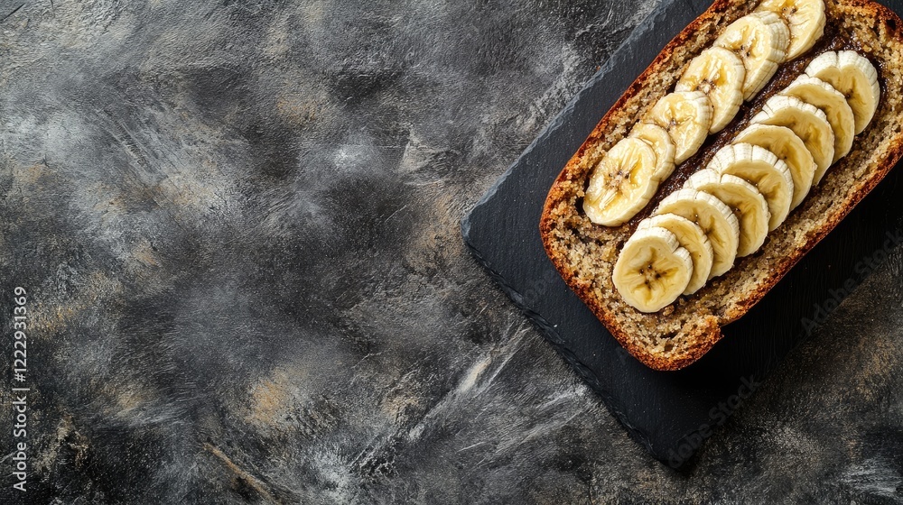 Poster Freshly sliced banana bread topped with banana slices on a textured background with ample space for text or branding needs