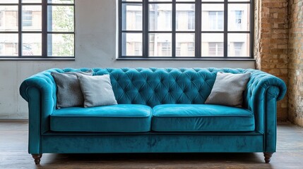 Fototapeta premium Stylish Teal Sofa in Modern Living Room Setting with Large Windows and Ample Copy Space for Text or Creative Projects
