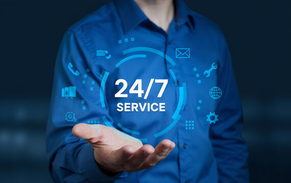 Always-On Support: Businessman Presenting 24/7 Customer Service Solutions. Global Communication, Assistance, and Technical Support Icons. Reliable    