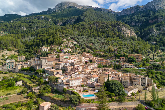 Aerial view of the picturesque Spanish town Estellencs, Mallorca, Spain. 