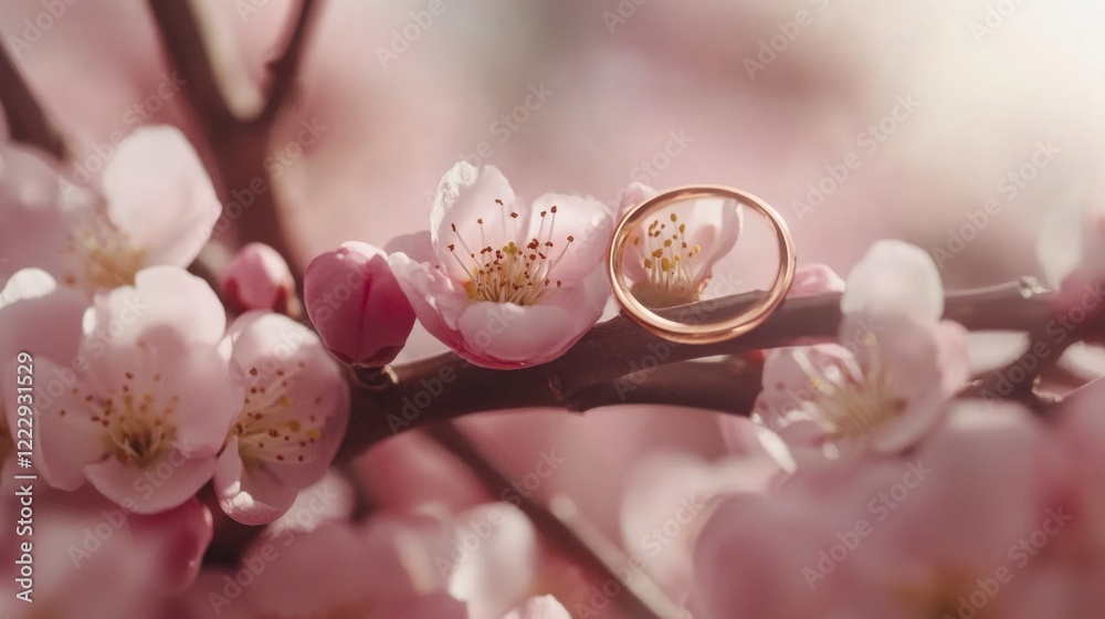 Poster close up of blooming plum tree flowers with golden wedding ring on petals and soft background for te