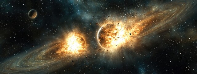 Fototapeta premium Dramatic Cosmic Collision of Celestial Bodies in Space with Vibrant Explosions and Empty Copy Space for Text Overlay