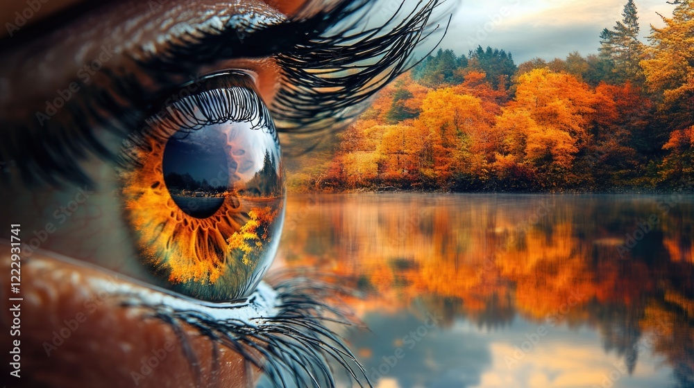 Aufkleber close up of human eye reflecting vibrant autumn landscape with colorful foliage and serene lake crea