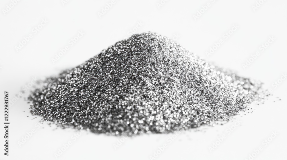 Poster close up of silver shimmer glitter powder pile on white background with empty space for creative des