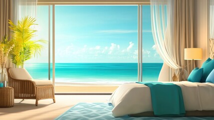 Fototapeta premium Serene Coastal Resort Bedroom with Ocean View Ideal for Travel Tourism Promotions and Advertising Copy Space