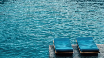 Cozy Beach Loungers Beside Tranquil Turquoise Water with Blank Space for Your Custom Text