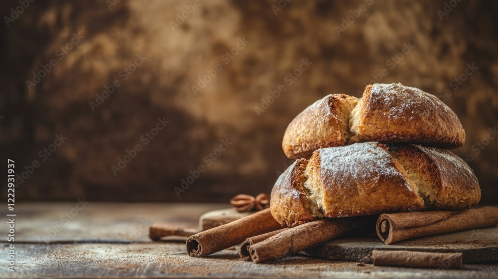 Poster Homemade cinnamon bread loafs arranged on rustic wooden table with cinnamon sticks and empty space for text or branding design