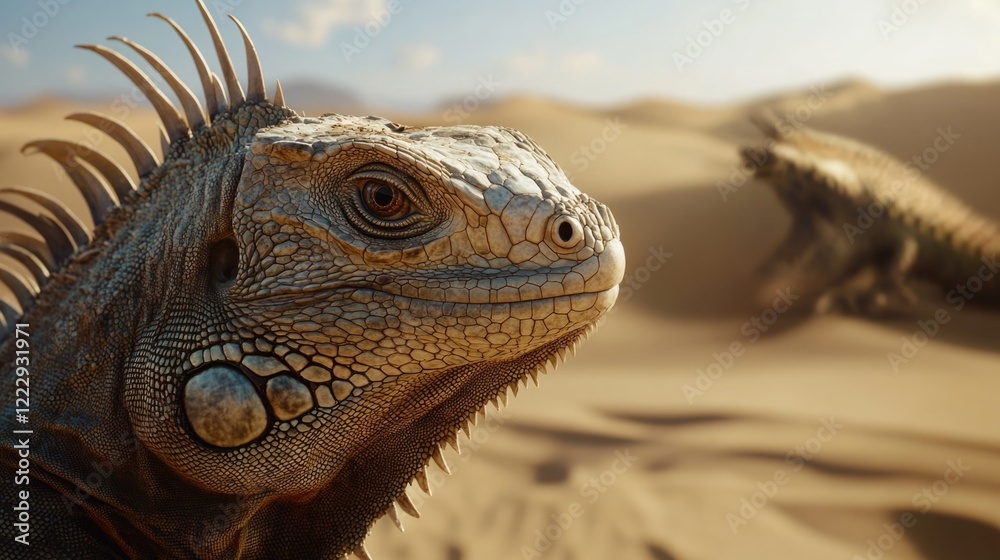 Poster Iguana head in desert setting with blurred background and ample space for text or graphic overlay in a natural environment