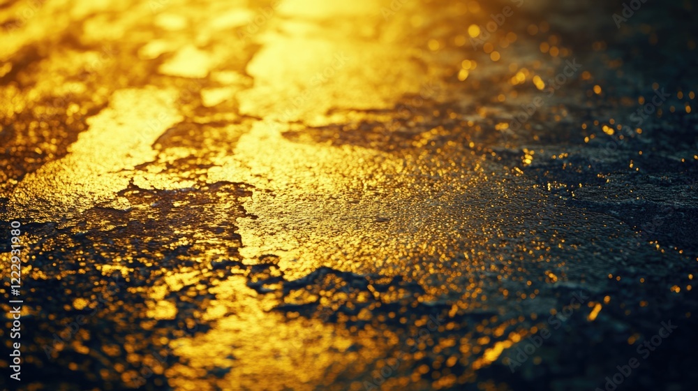 Fototapete Golden textured surface reflecting light in evening setting with soft vignette and empty area for text overlay or creative use