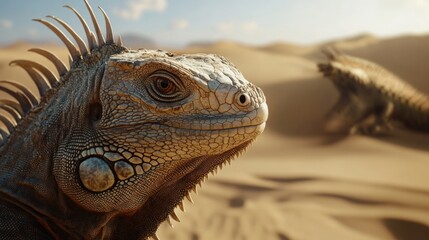 Fototapeta premium Iguana head in desert setting with blurred background and ample space for text or graphic overlay in a natural environment