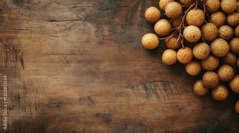 Poster fresh longan fruit arrangement on rustic wooden table with space for text or marketing copy. perfect