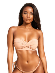 Fototapeta premium Soft peachy nude bikini with a bandeau top that has a twist-front detail and matching high-waisted bottoms with a slight