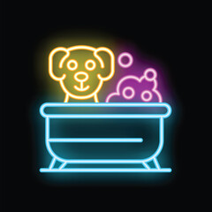 Neon sign of a happy dog taking a bath in a basin with foam, perfect for any pet grooming business