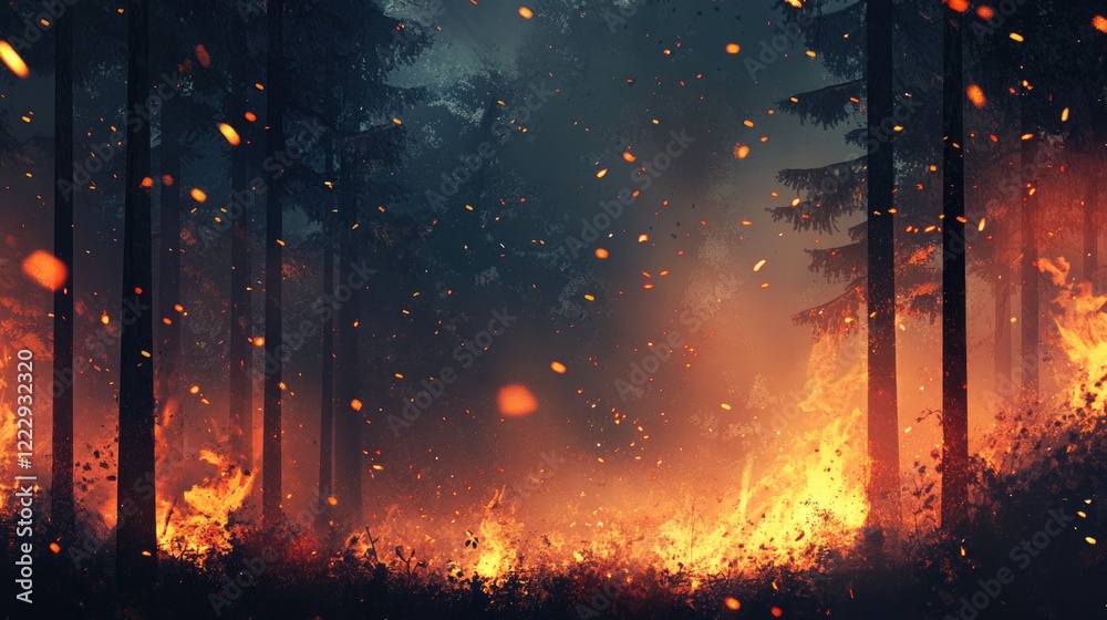 Poster fiery landscape in smoky dark forest with abstract elements and empty space for text or graphics