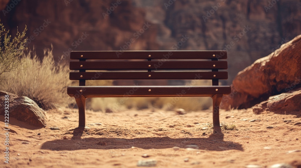 Poster desert bench close up in a serene landscape offering empty space for text and natural elements in a 