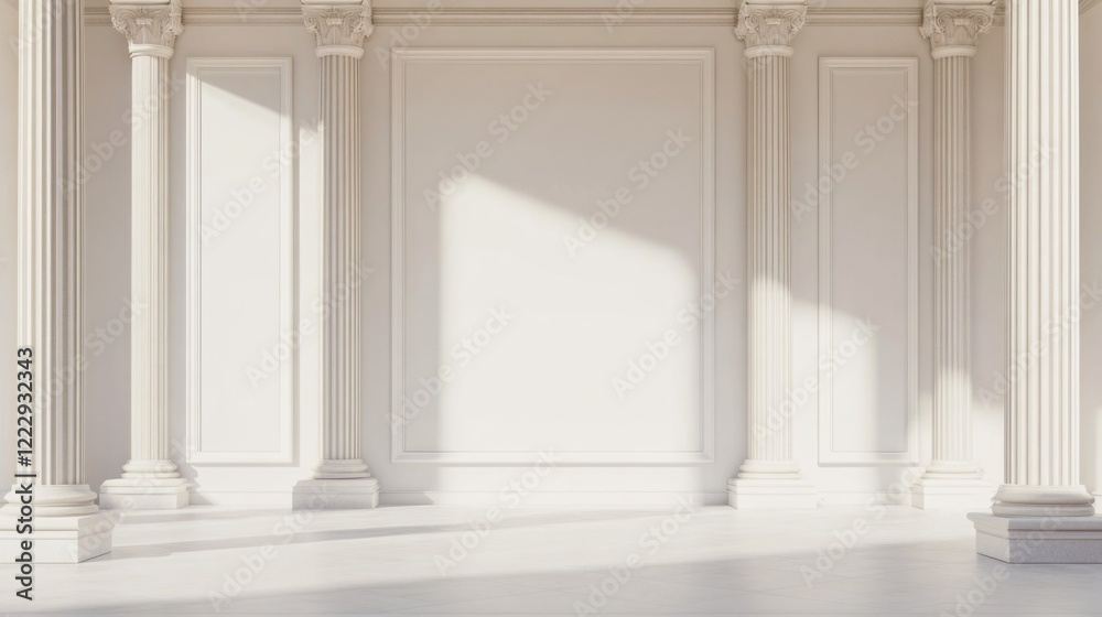 Poster elegant architectural columns framing a spacious minimalist interior with ample copy space for custo
