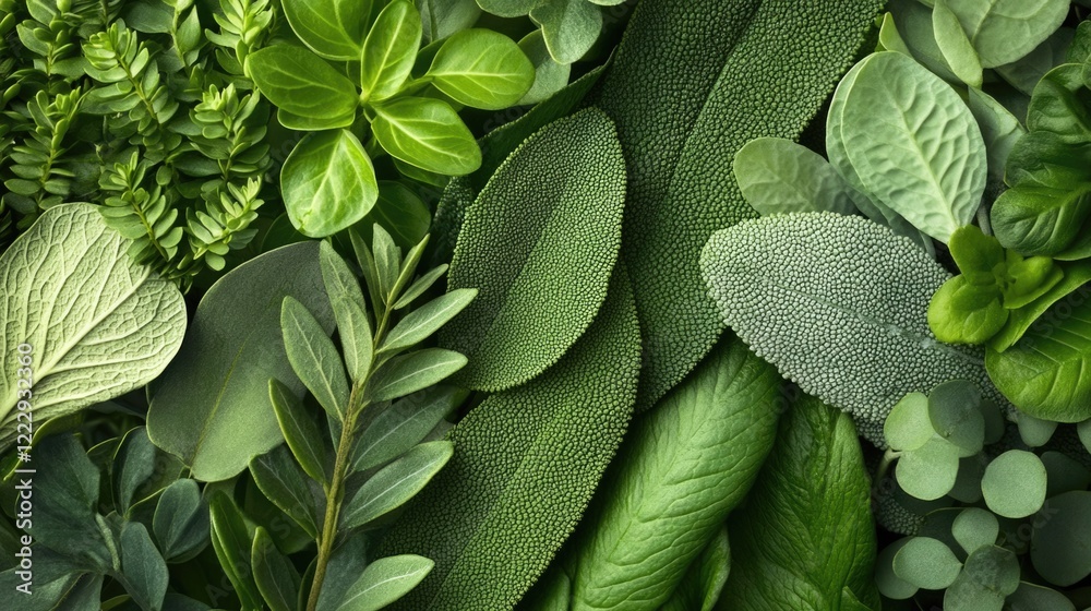 Poster variety of lush green leaves creating rich textures with ample copy space for your creative text or 