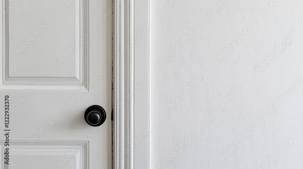 Aufkleber close up of a half open white door with black doorknob against light walls creating empty space for 