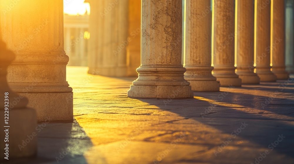 Poster golden hour illuminates plaza columns creating warm shadows and inviting empty space for text or des