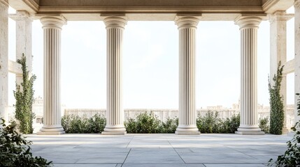 Naklejka premium Classic Architectural Columns Framing an Historic Palace View with Lush Greenery and Open Space for Text or Design Elements