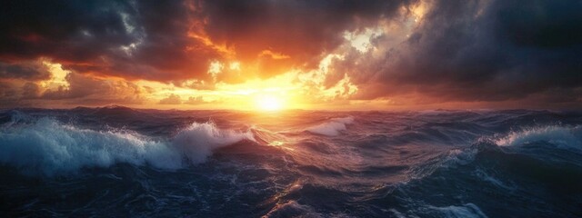 Obraz premium Dramatic sunset over turbulent sea with dark clouds and foamy waves creating an atmospheric scene ideal for text overlay or storytelling