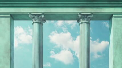 Baroque mint columns under a blue sky with fluffy clouds creating a serene atmosphere and ample space for text or design elements