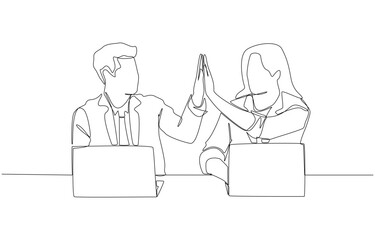 Continuous one line drawing of male and female employees making high five gesture while working with laptops, teamwork and encouragement for work concept, single line art