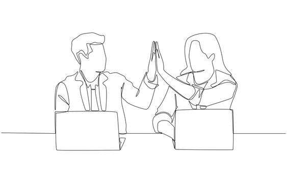 Continuous one line drawing of male and female employees making high five gesture while working with laptops, teamwork and encouragement for work concept, single line art