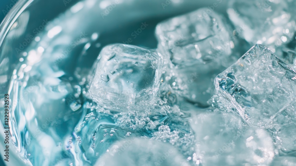 Poster Close up of ice cubes submerged in clear water with gentle bubbles and ample negative space for text or design overlay