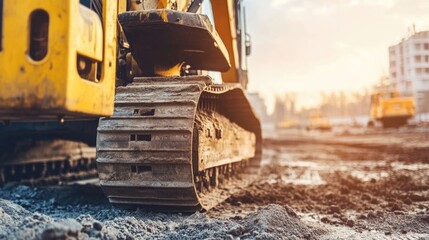 Heavy Excavator at Road Construction Site with Tracks in Focus and Sunset Background for Text Placement