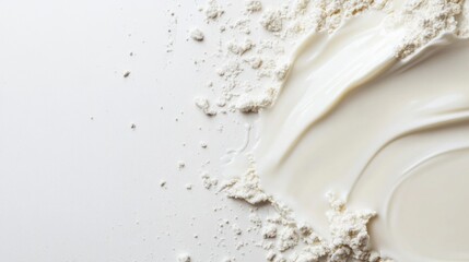 Colostrum based skim milk powder with spilled texture on white background perfect for product display or health food advertisements