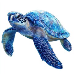 Vibrant blue sea turtle gracefully swimming underwater, surrounded by colorful coral reefs and marine life