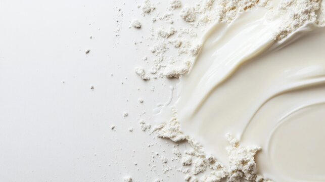 Colostrum based skim milk powder with spilled texture on white background perfect for product display or health food advertisements