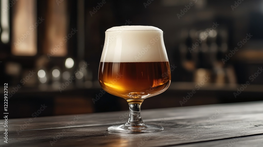 Poster glassy beer on dark wooden surface with frothy top and ample copy space for text or branding purpose